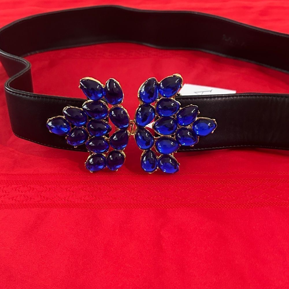 NWT RAINA BLK WISTERIA Elegant Black Belt with Blue Gemstone Accent - Picture 7 of 12